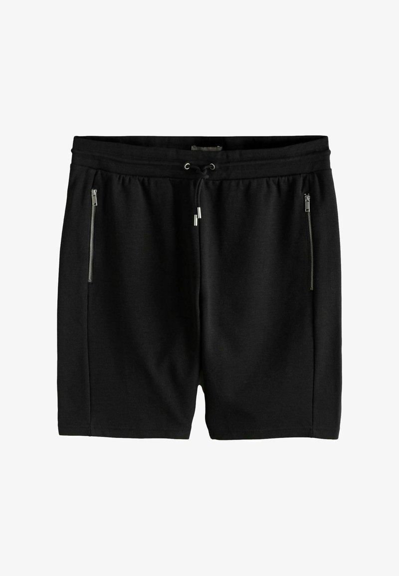 Shorts décontractés noirs avec taille élastique, cordon de serrage ajustable et deux poches verticales zippées sur les côtés avant.
