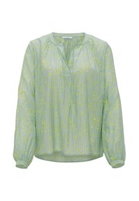 Blouse vert clair à manches longues avec un imprimé floral jaune subtil, col rond et légères plis sur les épaules et à l'avant.