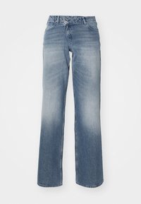 Jeans in denim blu chiaro con taglio dritto, lavaggio sbiadito, design a cinque tasche e chiusura con bottone in vita.