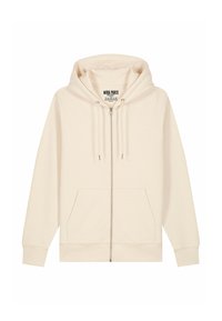 Felpa beige con zip, cappuccio regolabile con coulisse, tasche frontali, polsini a costine e una texture morbida. L'etichetta riporta "MIRA PARIS."