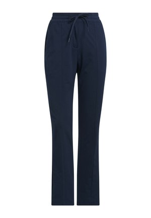Marineblauwe broek met een trekkoord in de taille, voorzien van twee zijzakken en een rechte broekspijpenontwerp. Het materiaal lijkt soepel en rekbaar.