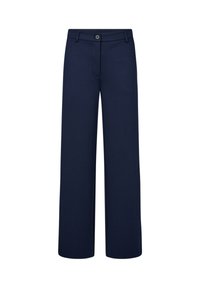 Marineblauwe wijde broek van gladde stof, voorzien van een knoopsluiting, twee voorzakken en een strak, op maat gesneden ontwerp.