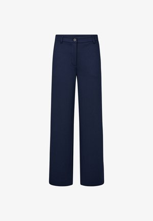 Marineblauwe wijde broek van gladde stof, voorzien van een knoopsluiting, twee voorzakken en een strak, op maat gesneden ontwerp.