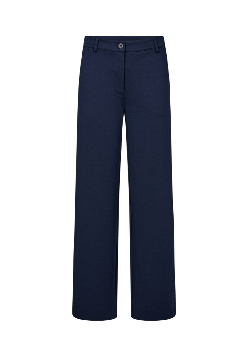 Marineblauwe wijde broek van gladde stof, voorzien van een knoopsluiting, twee voorzakken en een strak, op maat gesneden ontwerp.