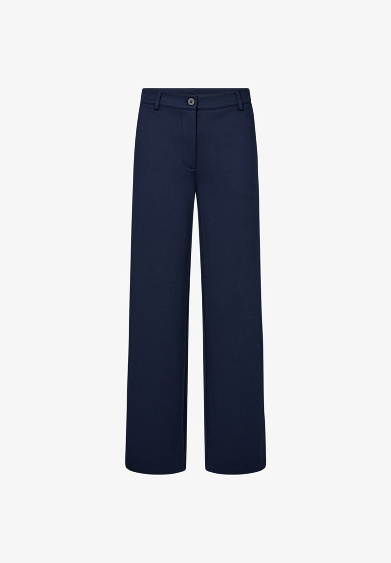 Marineblauwe wijde broek van gladde stof, voorzien van een knoopsluiting, twee voorzakken en een strak, op maat gesneden ontwerp.