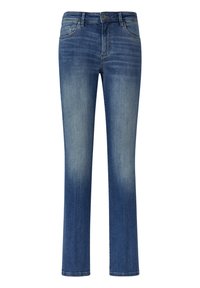 Blaue Jeans aus Denim mit geradem Bein, leichter Ausbleichung, Fünf-Taschen-Design und einem Metallknopfverschluss am Bund.