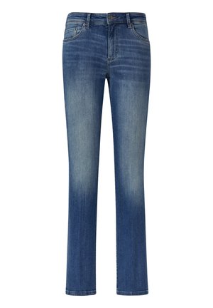 Blaue Jeans aus Denim mit geradem Bein, leichter Ausbleichung, Fünf-Taschen-Design und einem Metallknopfverschluss am Bund.