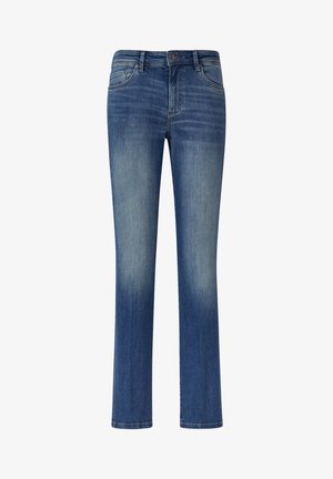 Zilas džinsa bikses ar taisnu kāju dizainu, ar vieglu nolietojumu, piecu kabatu stilu un metāla pogu aizdari jostasvietā.