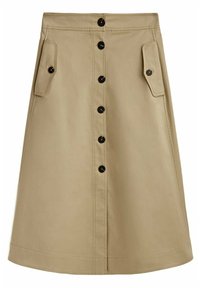 Jupe beige taille trapèze avec boutons noirs devant et deux poches latérales à rabat avec fermeture par bouton, longueur genou, style décontracté.