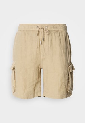Beige cargo shorts lavet af letvægtigt stof med elastisk talje og snoretræk. Har to sidelommer og en tekstureret overflade.