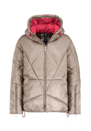 Light beige puffer jacket with a quilted design, a red hood lining, and side zippers. Features adjustable drawstring near the hem.