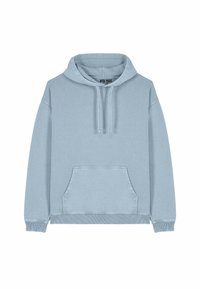 Svetlo modrá mikina s kapucňou, s predným vreckom, rebrovanými manžetami a lemom; vyrobená z mäkkej tkaniny. Obsahuje šnúrky na kapucni.
