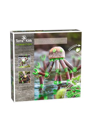 Terra Kids Connectors Bauset Starter-Kit mit 94 Teilen enthält natürliche Holzstäbe und grüne Kunststoffverbinder zum Bauen von Kreaturen.