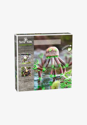 Terra Kids Connectors Bauset Starter-Kit mit 94 Teilen enthält natürliche Holzstäbe und grüne Kunststoffverbinder zum Bauen von Kreaturen.