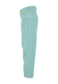 Pantaloni in corduroy azzurro chiaro con strisce verticali, dotati di tasca applicata e logo arancione ricamato sul retro.