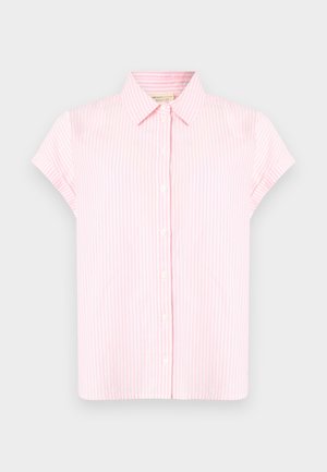 Šviesiai rožinė trumpomis rankovėmis palaidinė su baltomis vertikaliomis juostelėmis, su struktūrizuotu apykakle, mygtukų priekyje ir laisvu įgulu. Lygus medvilnės audinys.