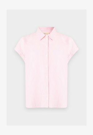 Šviesiai rožinė trumpomis rankovėmis palaidinė su baltomis vertikaliomis juostelėmis, su struktūrizuotu apykakle, mygtukų priekyje ir laisvu įgulu. Lygus medvilnės audinys.