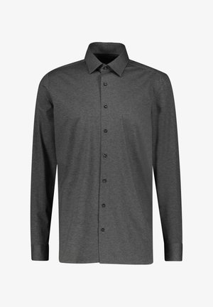 Dunkelgraues, langärmeliges Hemd mit Knöpfen, hergestellt aus weichem, strukturiertem Stoff, verfügt über einen klassischen Kragen, durchgehende Knopfleiste und Manschettenärmeln.