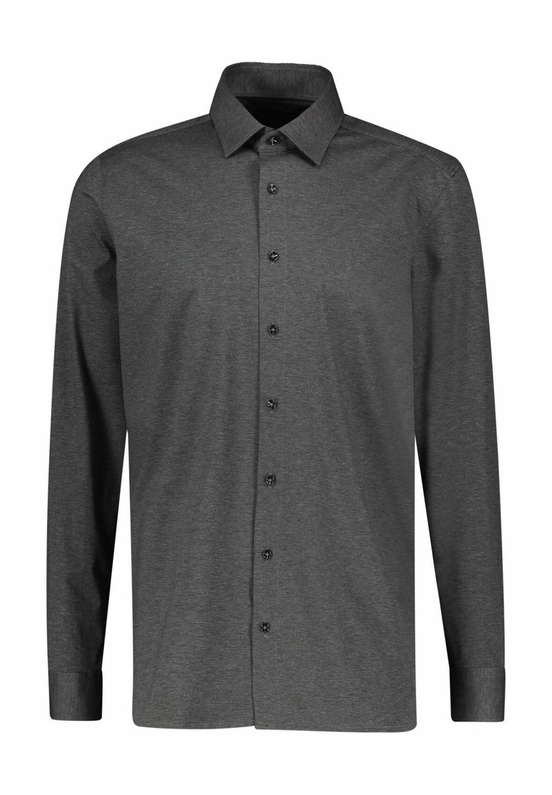 Dunkelgraues, langärmeliges Hemd mit Knöpfen, hergestellt aus weichem, strukturiertem Stoff, verfügt über einen klassischen Kragen, durchgehende Knopfleiste und Manschettenärmeln.