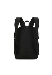 Zaino nero con spallacci imbottiti, tessuto liscio e design elegante. Presenta un pannello posteriore sagomato per il comfort e spallacci regolabili.