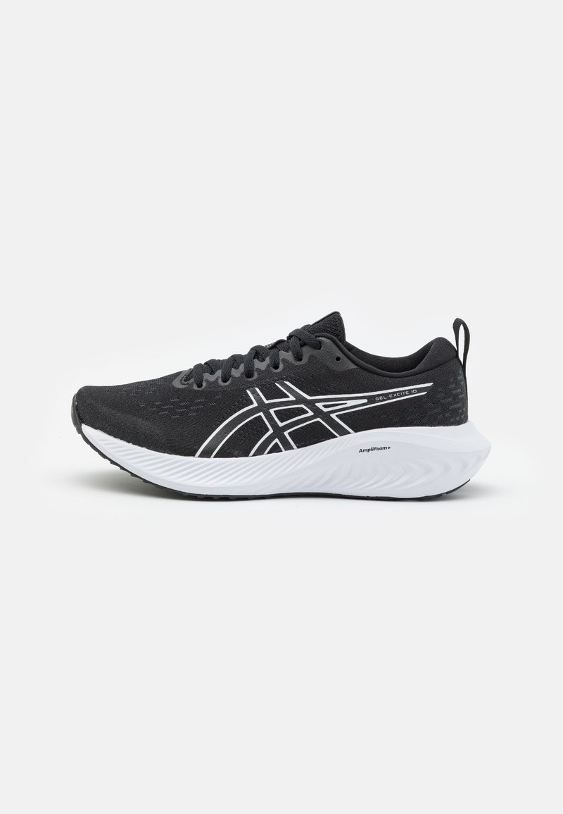 Black athletic shoe with a textured mesh upper, white accents, and a contoured white midsole. Features round laces and a pull tab at the heel.