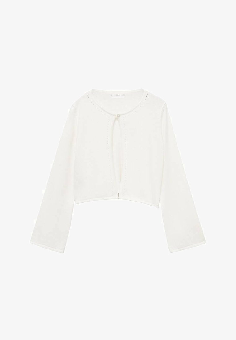 White cropped cardigan with long sleeves, round neckline, keyhole front detail, and button closure. Smooth texture with subtle stitched accents.