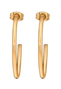 Gouden hoepel oorbellen met een soepele, gebogen vorm en spits toeloopende uiteinden. Lichtgewicht metalen constructie met een gepolijste afwerking.