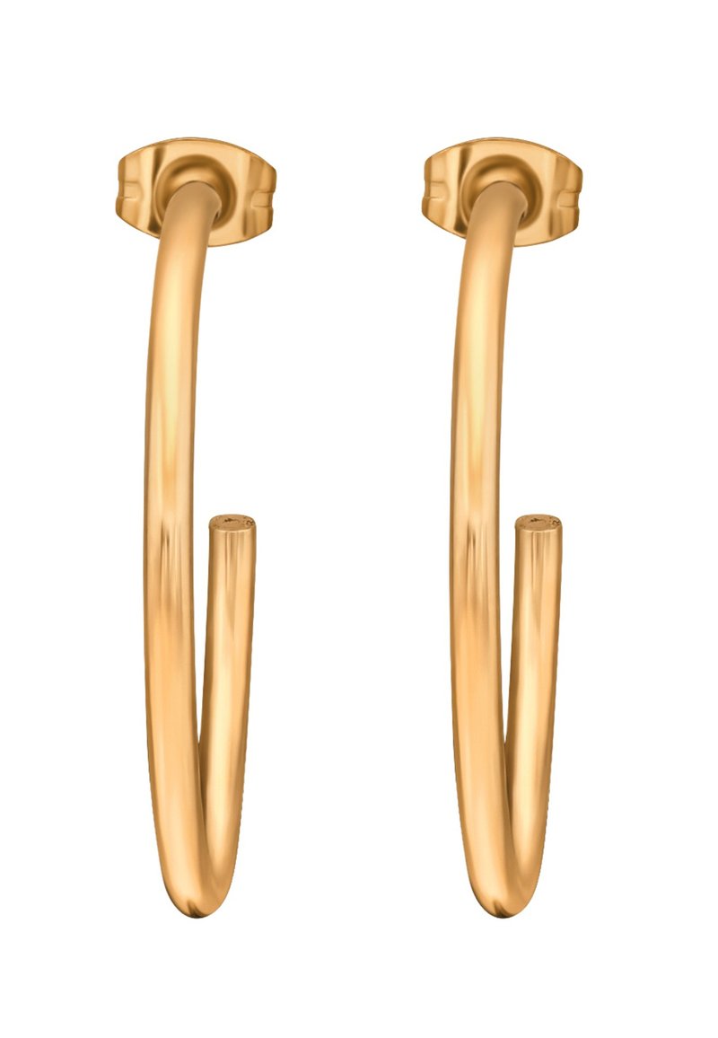 Gouden hoepel oorbellen met een soepele, gebogen vorm en spits toeloopende uiteinden. Lichtgewicht metalen constructie met een gepolijste afwerking.