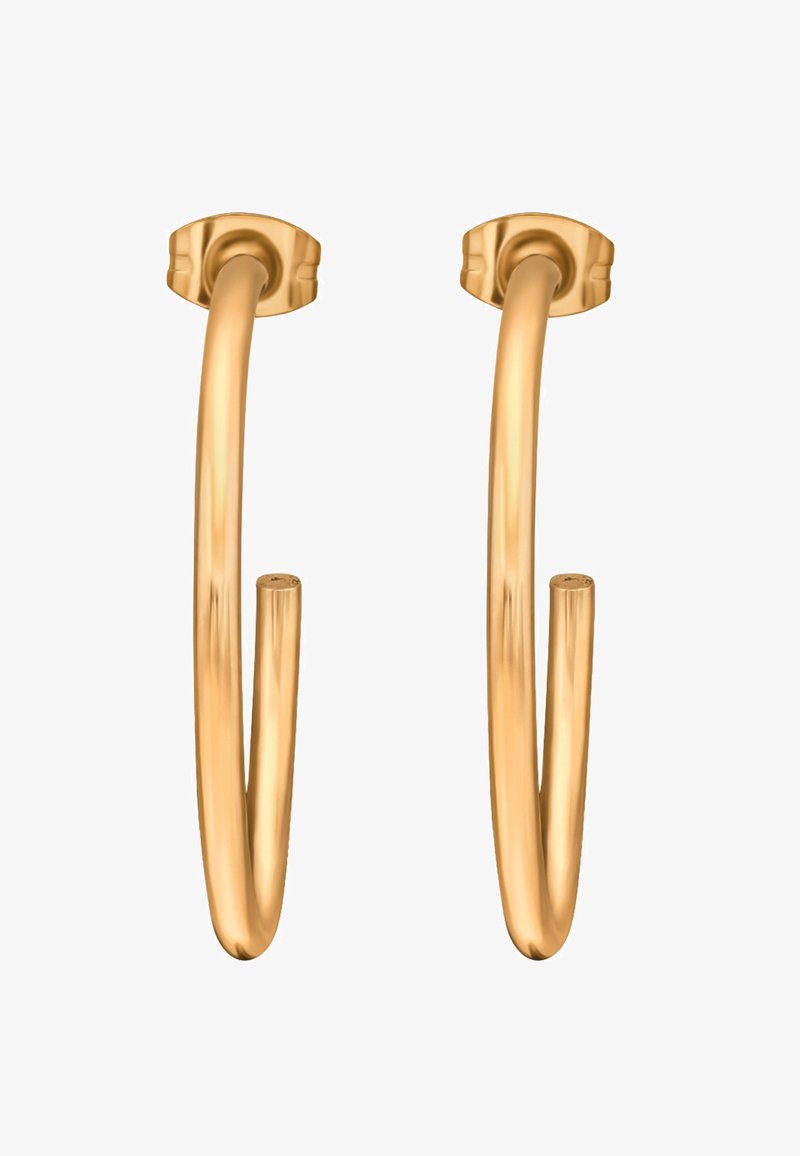 Gouden hoepel oorbellen met een soepele, gebogen vorm en spits toeloopende uiteinden. Lichtgewicht metalen constructie met een gepolijste afwerking.