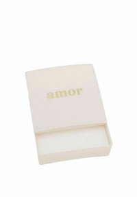 Caja rectangular de color rosa pálido con una textura suave; presenta la palabra "amor" en letras doradas en la tapa; interior vacío.