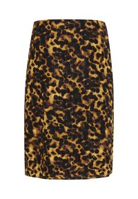 Suknja s uzorkom leoparda koja sadrži kombinaciju crnih i smeškastih tačaka na žutoj podlozi. Ravnog kroja s glatkom teksturom i čvrstim rubom.