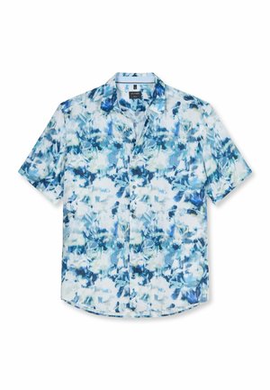 Herren Kurzarmhemd mit Knopfleiste, blau-weißem abstraktem Blumenmuster und spitzem Kragen, Größe Medium.