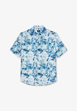 Herren Kurzarmhemd mit Knopfleiste, blau-weißem abstraktem Blumenmuster und spitzem Kragen, Größe Medium.
