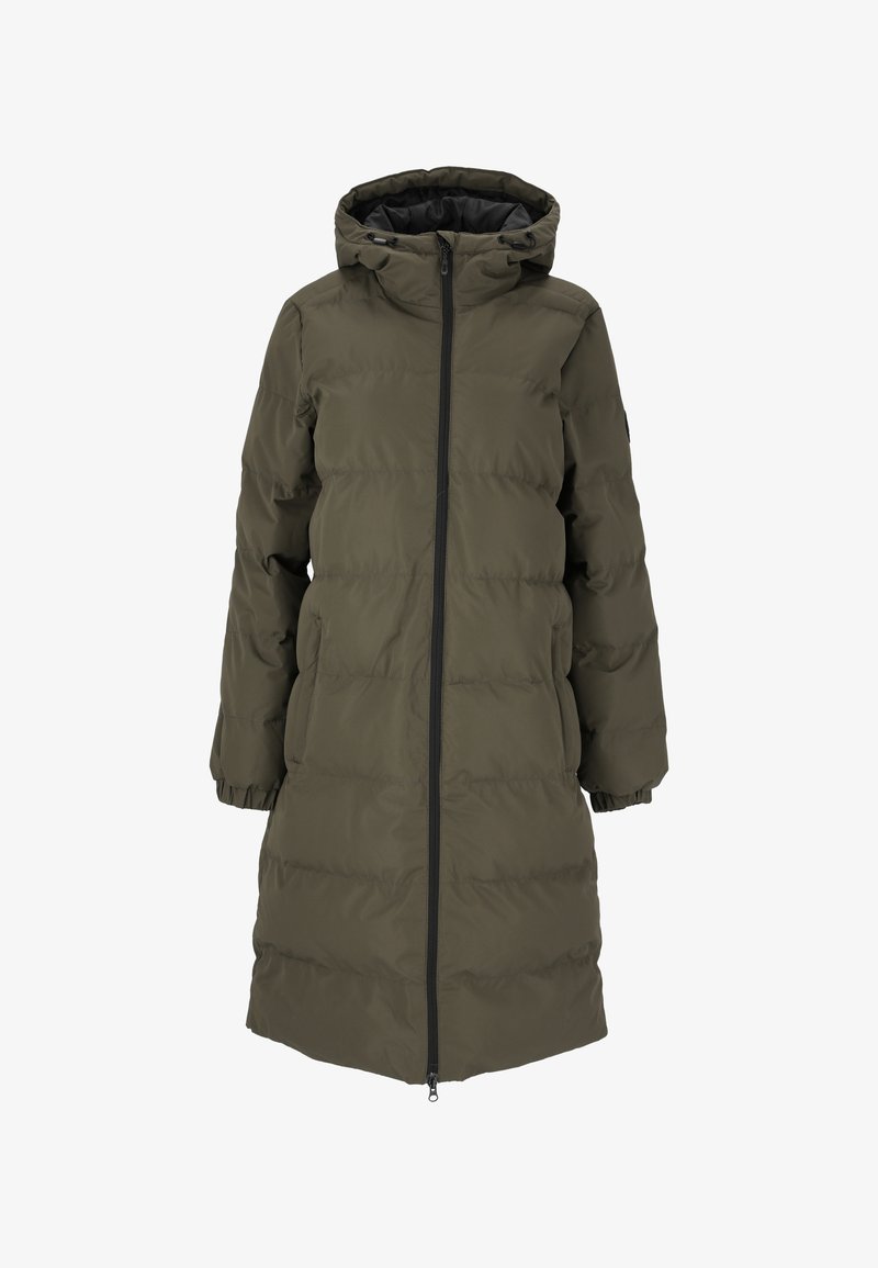 Gewatteerde lange jas in olijfgroen. Beschikt over een capuchon, een ritssluiting aan de voorkant, elastische manchetten en gestikte panelen voor isolatie. Glad, duurzaam materiaal.