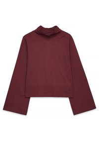 Burgundy långärmad polotröja, tillverkad av ett mjukt tyg med en avslappnad passform och vida ärmar, med en hög krage och rak nederkant.