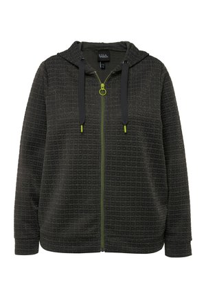 Sweat à zip noir avec une surface texturée, capuche et accents de zip vert. Comprend des cordons de serrage foncés et une coupe décontractée.