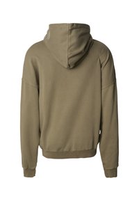 Khaki mikina s kapucňou, ktorá má priestrannú kapucňu, znížené ramená, rebrované manžety a lem, vyrobená z mäkkého materiálu s hladkou textúrou.