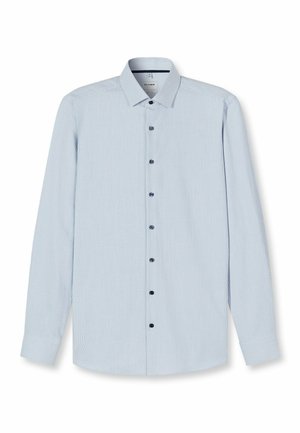 Lichtblauw overhemd met lange mouwen en een gestreept patroon, een button-down kraag en contrasterende donkerblauwe knopen. Gladde stoftextuur, getailleerde pasvorm.