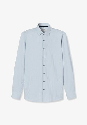 Lichtblauw overhemd met lange mouwen en een gestreept patroon, een button-down kraag en contrasterende donkerblauwe knopen. Gladde stoftextuur, getailleerde pasvorm.