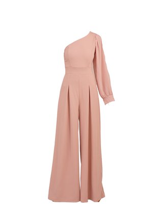 Pink one-shoulder jumpsuit with a fitted bodice, long puff sleeve, pleated wide-leg pants, and smooth, lightweight fabric texture.