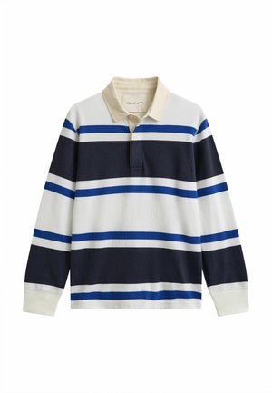 Rugbyshirt met lange mouwen en een beige kraag met horizontale marineblauwe, witte en blauwe strepen, en een gedeeltelijke knoopsluiting aan de voorkant.