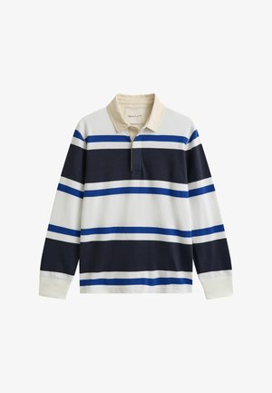 Rugbyshirt met lange mouwen en een beige kraag met horizontale marineblauwe, witte en blauwe strepen, en een gedeeltelijke knoopsluiting aan de voorkant.