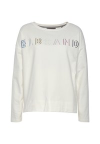 Light beige sweatshirt with a round neck, long sleeves, and colorful embroidered letters spelling "E L B S A N D" across the chest.