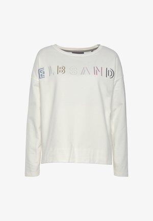 Helles beigefarbene Sweatshirt mit Rundhalsausschnitt, langen Ärmeln und bunten gestickten Buchstaben, die "E L B S A N D" über die Brust schreiben.