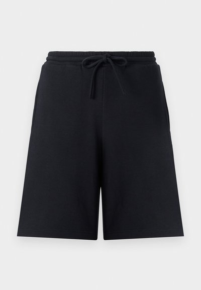 Černé šortky vyrobené z bavlněné směsi, s elastickým pasem na šnůrku, bočními kapsami a volným střihem.