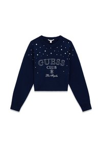 Pull court bleu marine avec col rond, orné de strass clairs dispersés. "GUESS CLUB Los Angeles" imprimé en blanc.