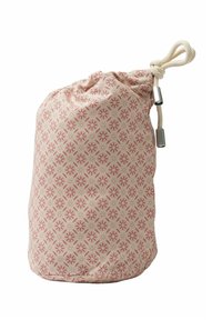 Borsa a sacco realizzata in tessuto con uno sfondo beige chiaro e un motivo floreale rosa ripetuto, dotata di un cordoncino bianco e dettagli in argento.
