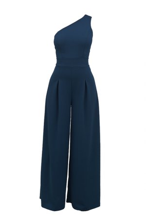 Marineblå, en-skulder jumpsuit med plisseret bred ben-design. Fremstillet af glat stof, med en tætsiddende talje og rene linjer.