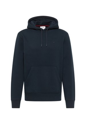 Ciemnoniebieska bluza z kapturem, z przednią kieszenią kangurką i sznurkami, z małym haftowanym logo na piersi.