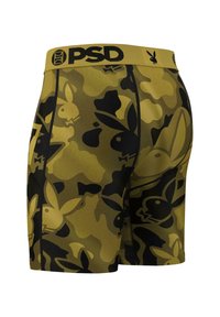 Kamo raštuoti bokseriai smaragdo žalia ir juoda spalvų su prekės ženklu pažymėtu elastingu juosmeniu. Yra įvairių tvirtų ir raštuotų dalių.